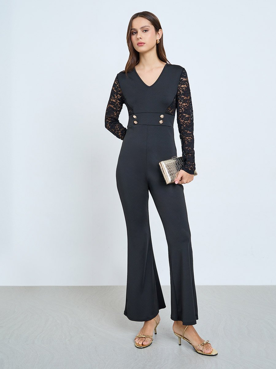 Black Lace Sleeve Flared Jumpsuit