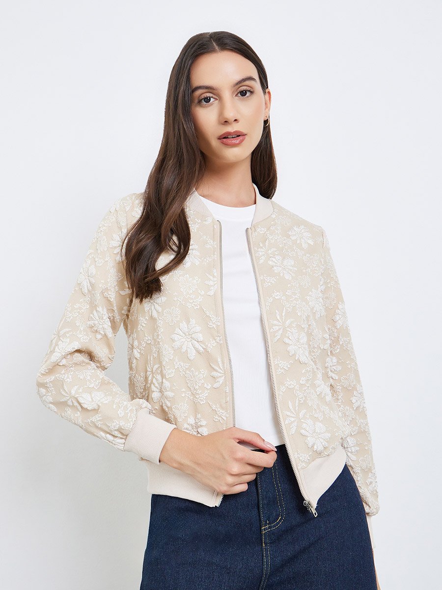 Floral Lace Zip Up Elastic Cuff Jacket