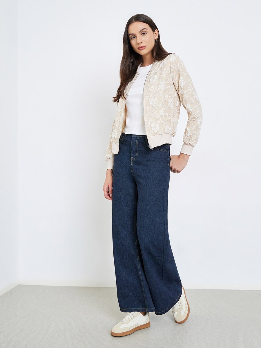 Floral Lace Zip Up Elastic Cuff Jacket