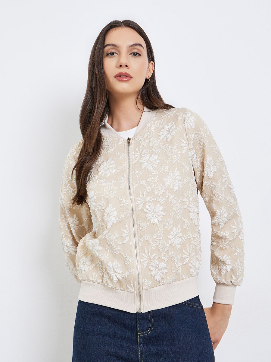 Floral Lace Zip Up Elastic Cuff Jacket