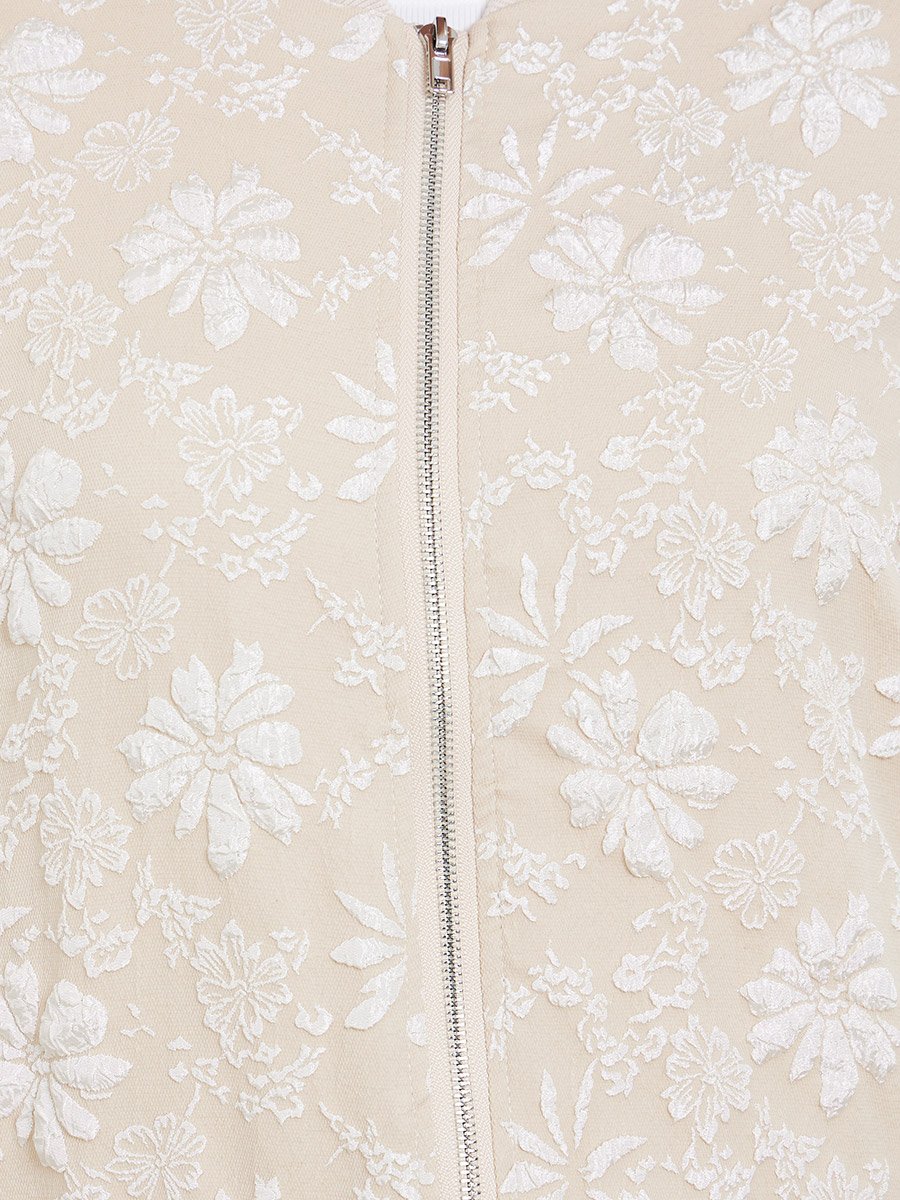 Floral Lace Zip Up Elastic Cuff Jacket