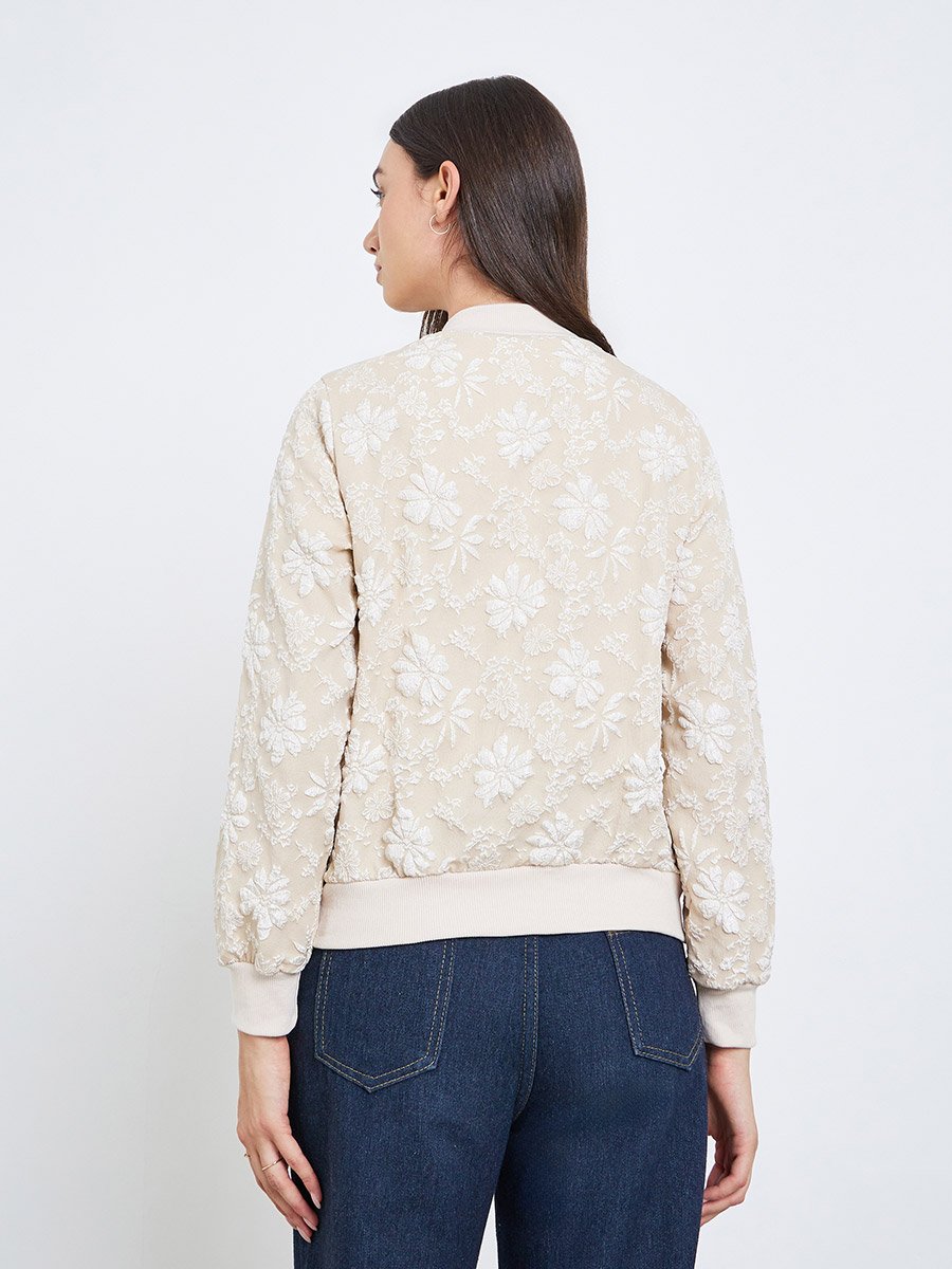 Floral Lace Zip Up Elastic Cuff Jacket