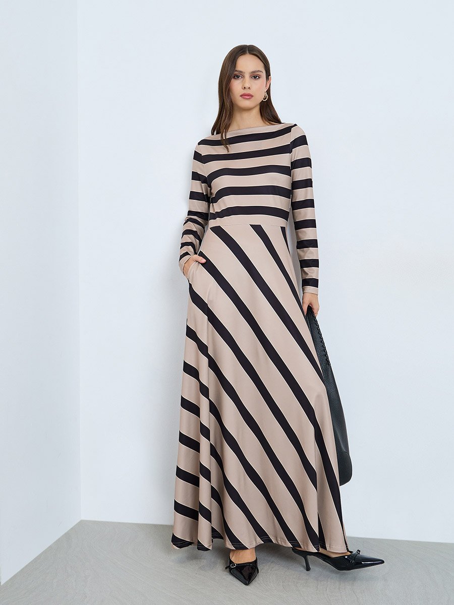 Thick Striped Fitted Waist Long Sleeve Maxi Dress