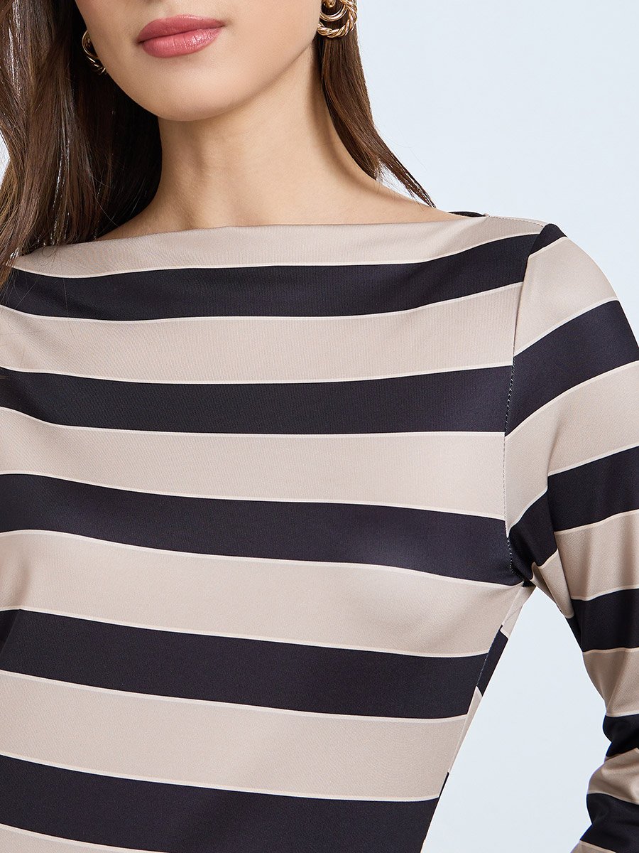 Thick Striped Fitted Waist Long Sleeve Maxi Dress