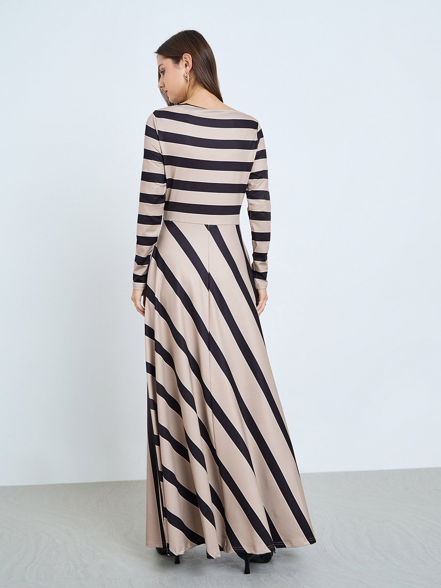Thick Striped Fitted Waist Long Sleeve Maxi Dress