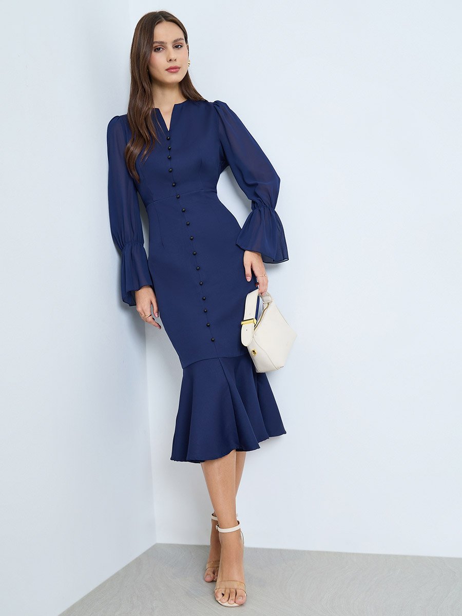 Dark Blue Button Detail Ruffle Hem Midi Dress