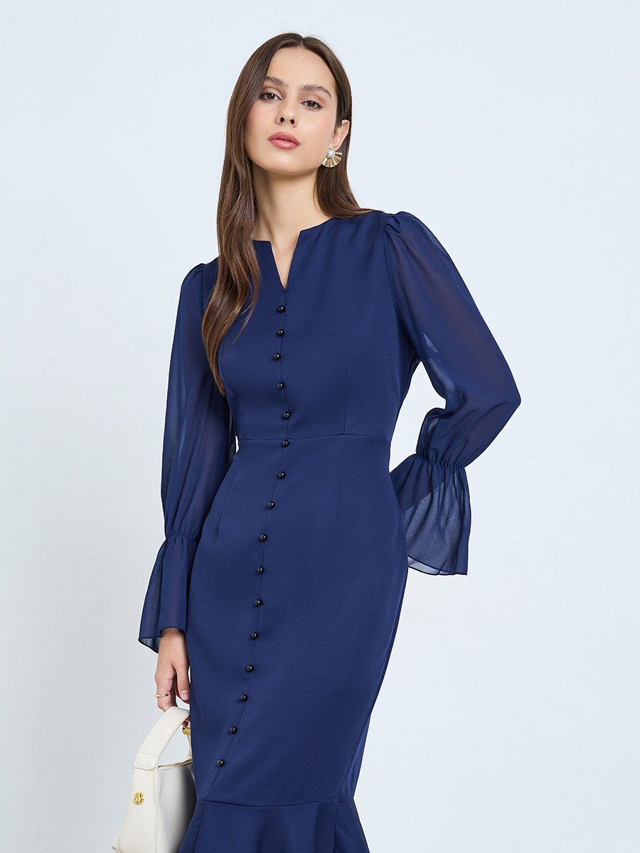 Dark Blue Button Detail Ruffle Hem Midi Dress