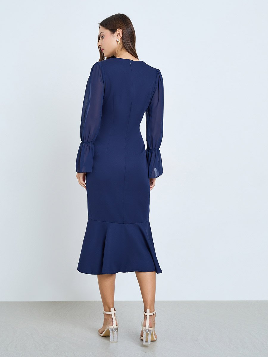 Dark Blue Button Detail Ruffle Hem Midi Dress