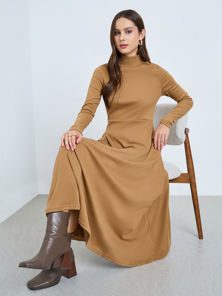 Beige High Neck Long Sleeve A-Line Midi Dress