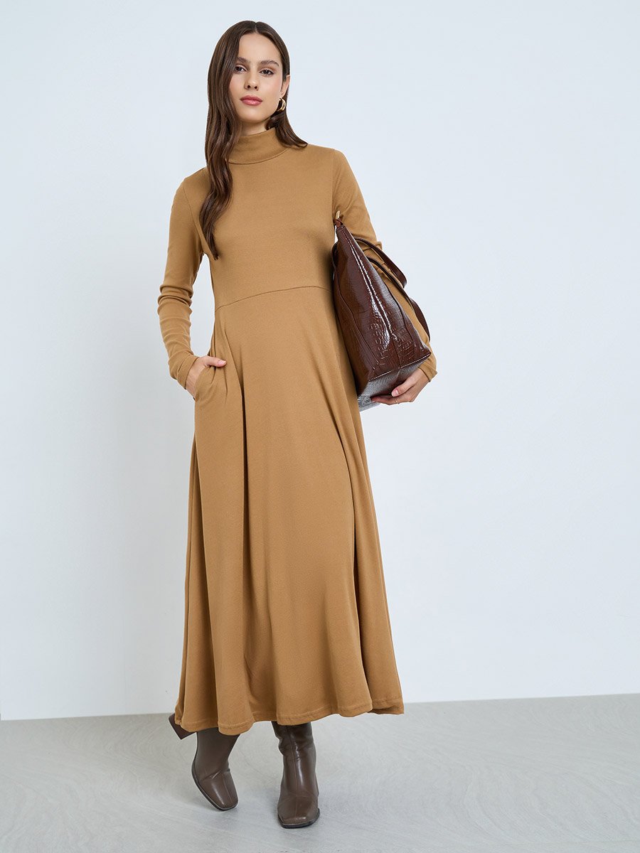 Beige High Neck Long Sleeve A-Line Midi Dress
