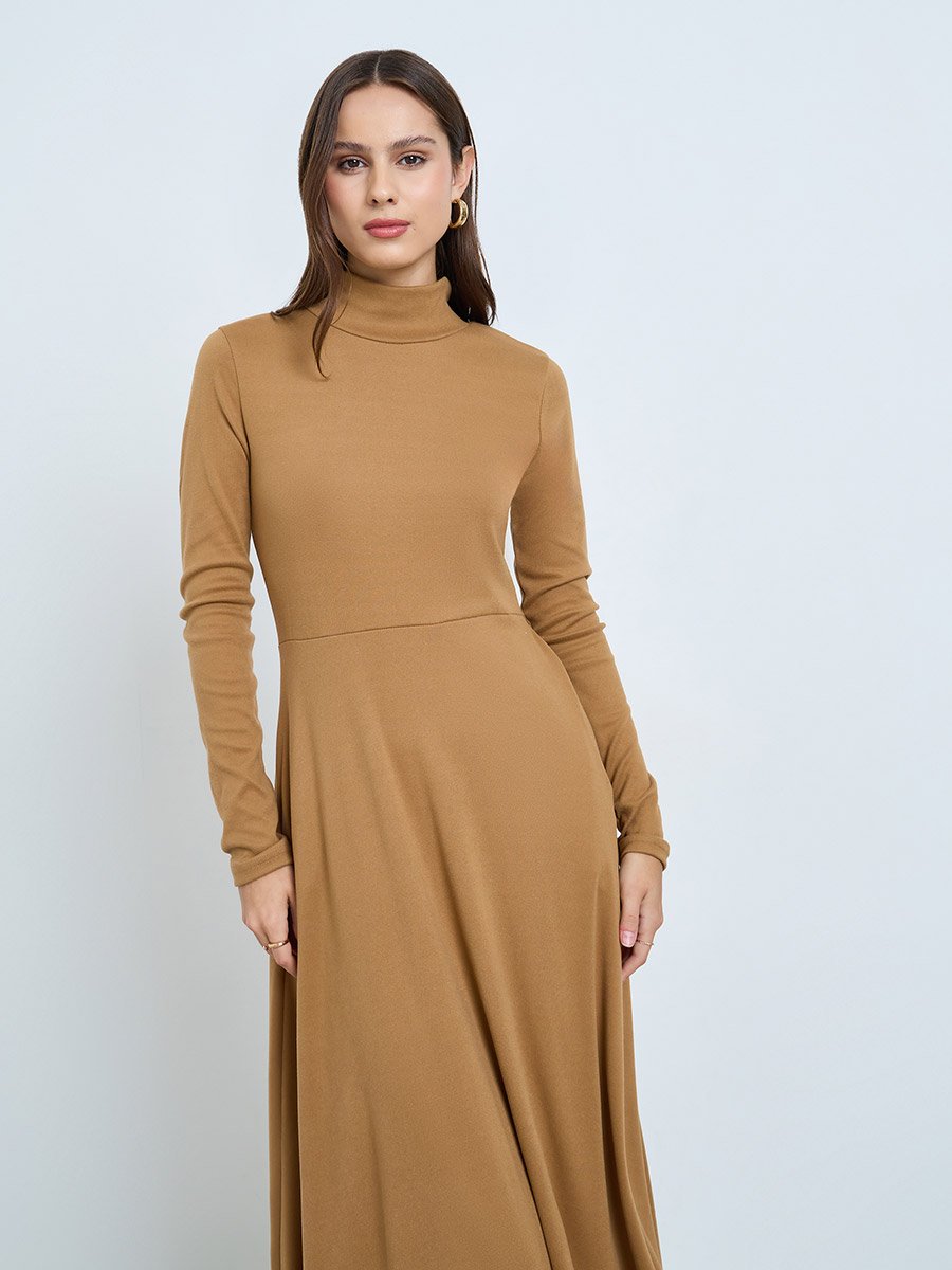 Beige High Neck Long Sleeve A-Line Midi Dress