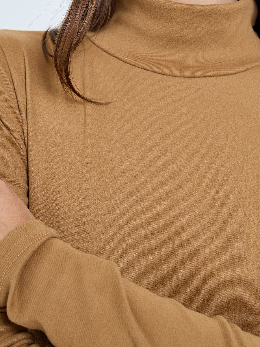 Beige High Neck Long Sleeve A-Line Midi Dress