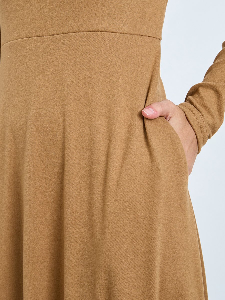 Beige High Neck Long Sleeve A-Line Midi Dress
