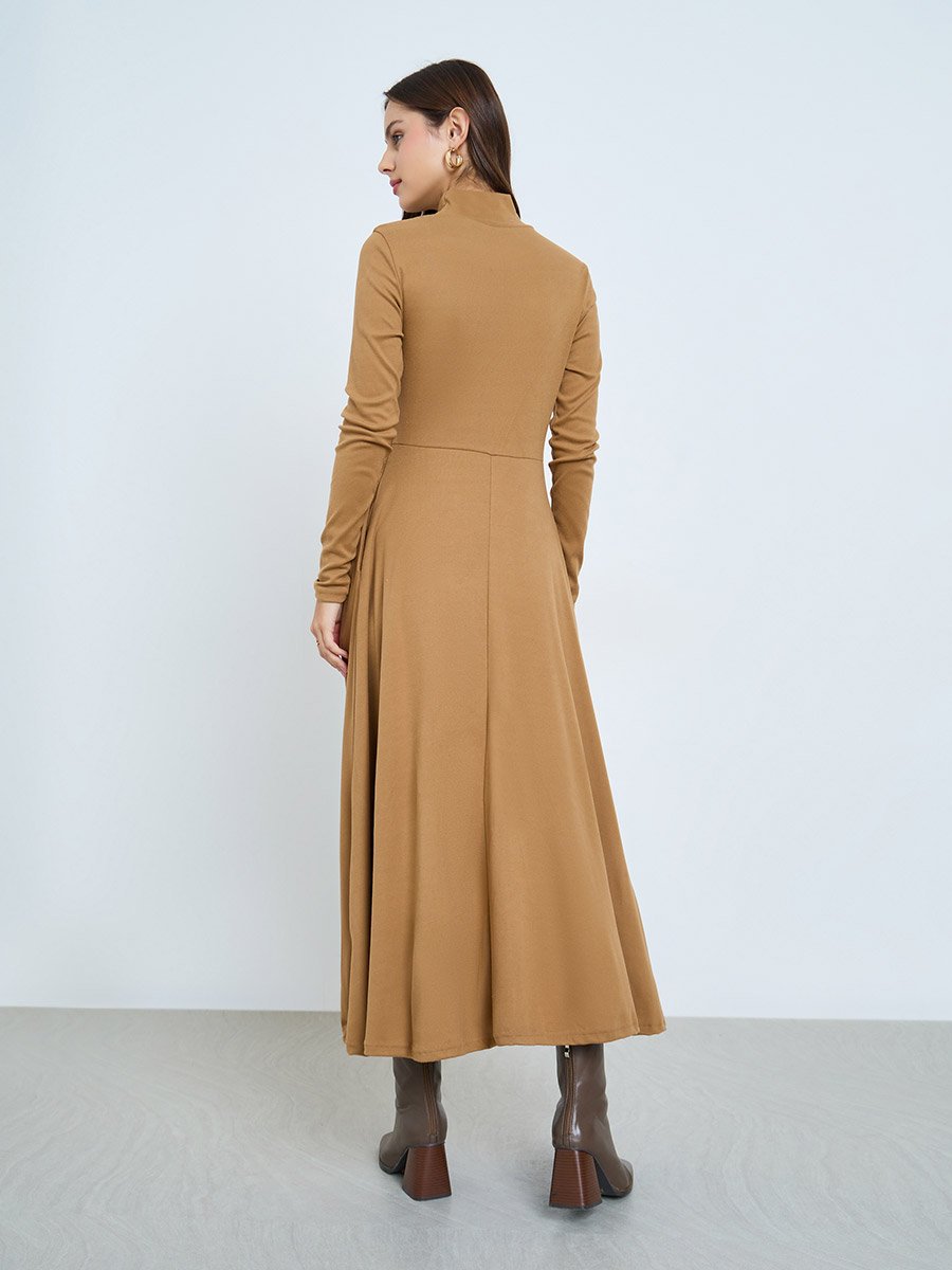 Beige High Neck Long Sleeve A-Line Midi Dress
