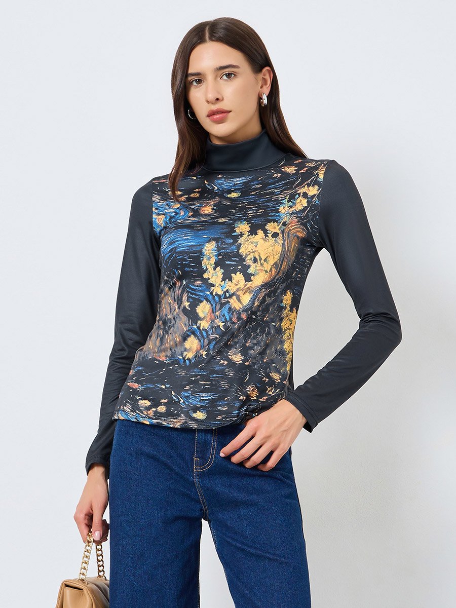 Graphic Print High Neck Long Sleeve Top