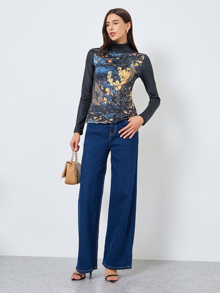 Graphic Print High Neck Long Sleeve Top