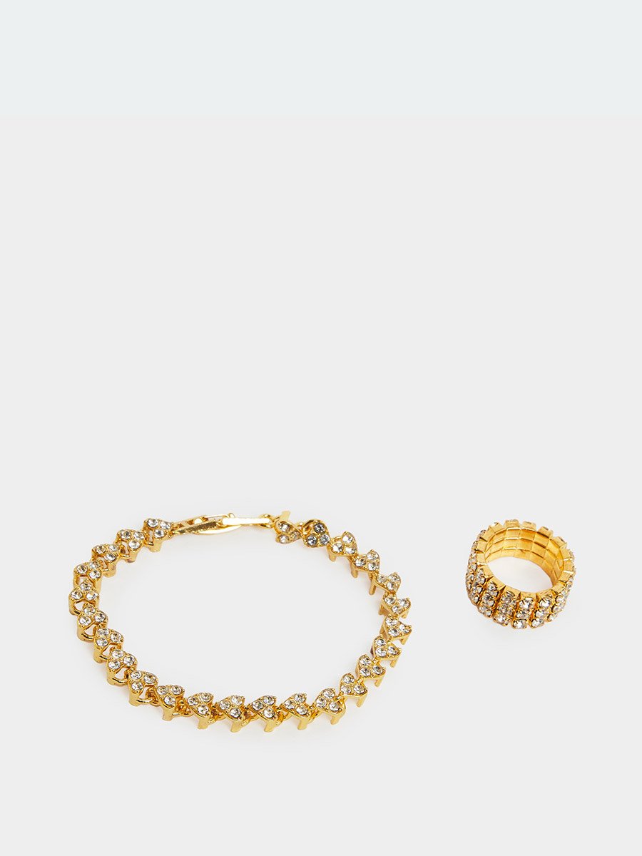 Embellished Necklace and Bracelet with Ring and Earrings Set