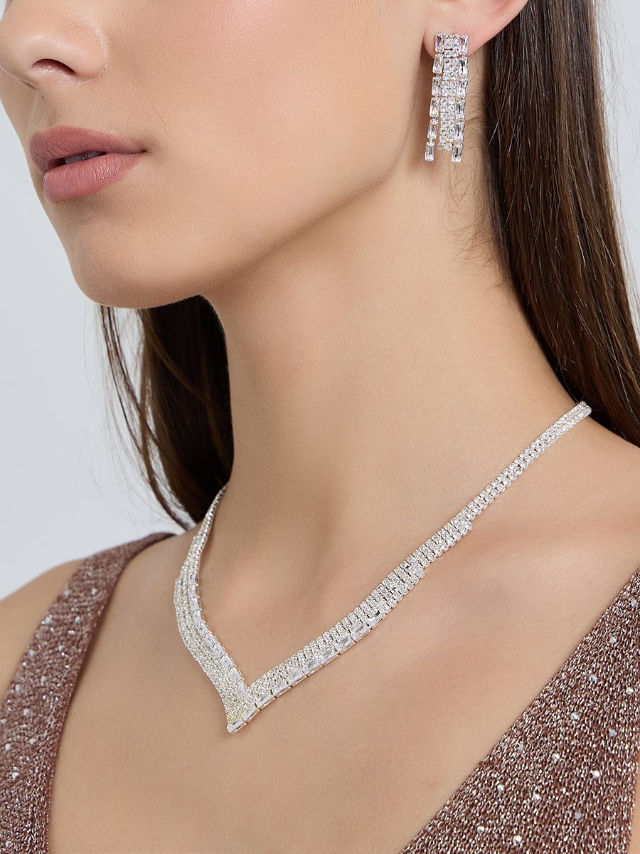 Set of 2 - Silver Crystal Embellished Necklace and Earrings