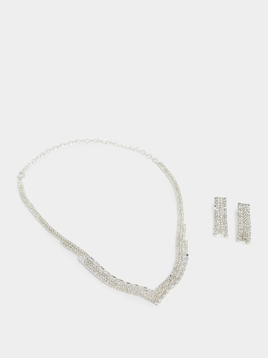 Set of 2 - Silver Crystal Embellished Necklace and Earrings