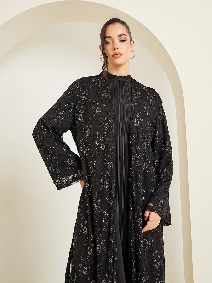 Women Black Lace Abaya with Lining