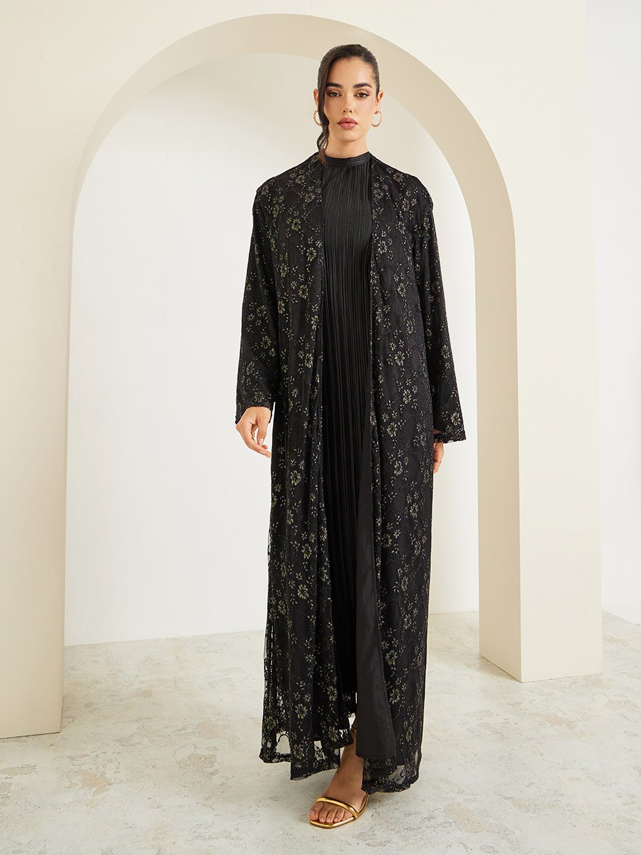 Women Black Lace Abaya with Lining