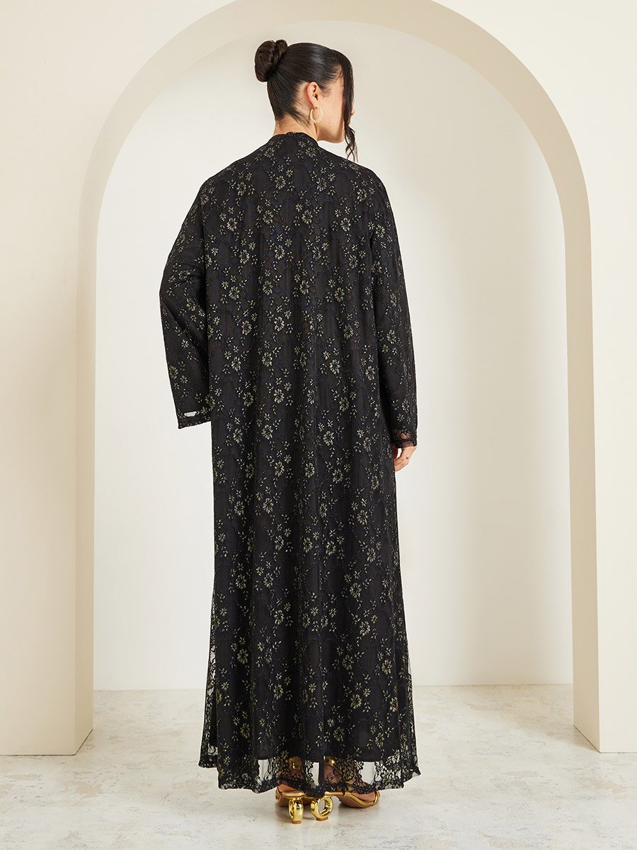 Women Black Lace Abaya with Lining