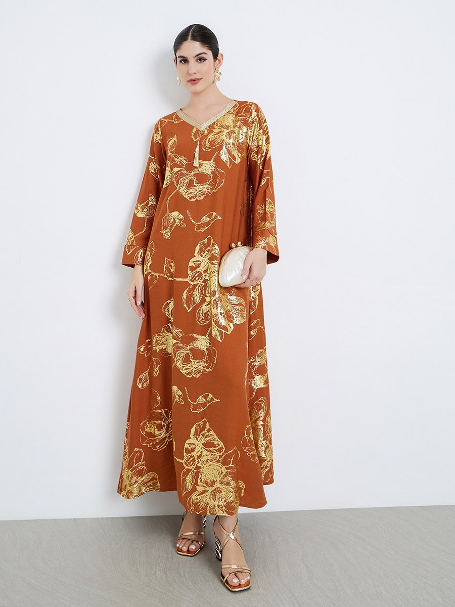 Women Orange Floral Print Tassel Detail Jalabiya