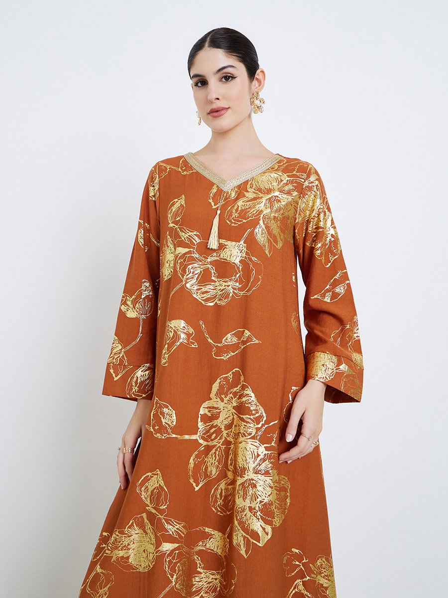 Women Orange Floral Print Tassel Detail Jalabiya