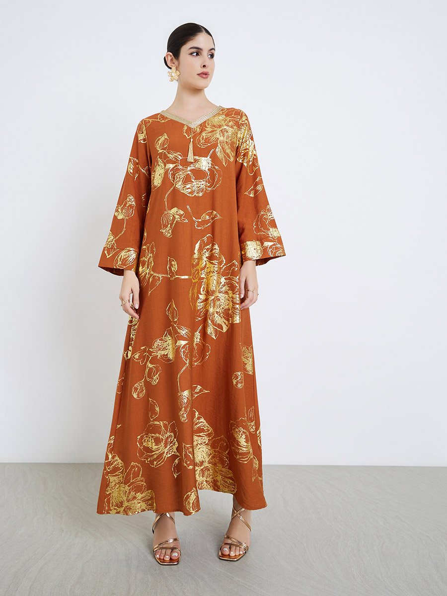 Women Orange Floral Print Tassel Detail Jalabiya