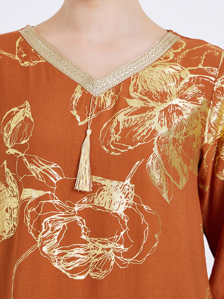 Women Orange Floral Print Tassel Detail Jalabiya