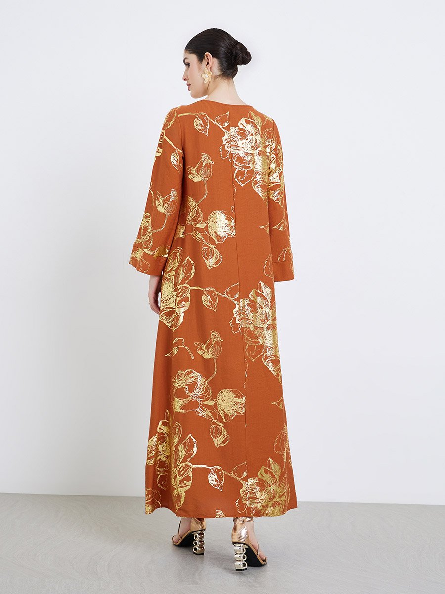 Women Orange Floral Print Tassel Detail Jalabiya