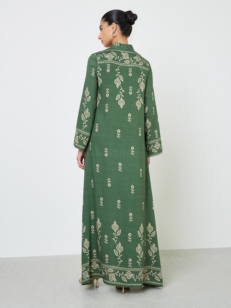 Green Embroidered Stand Collar Jalabiya