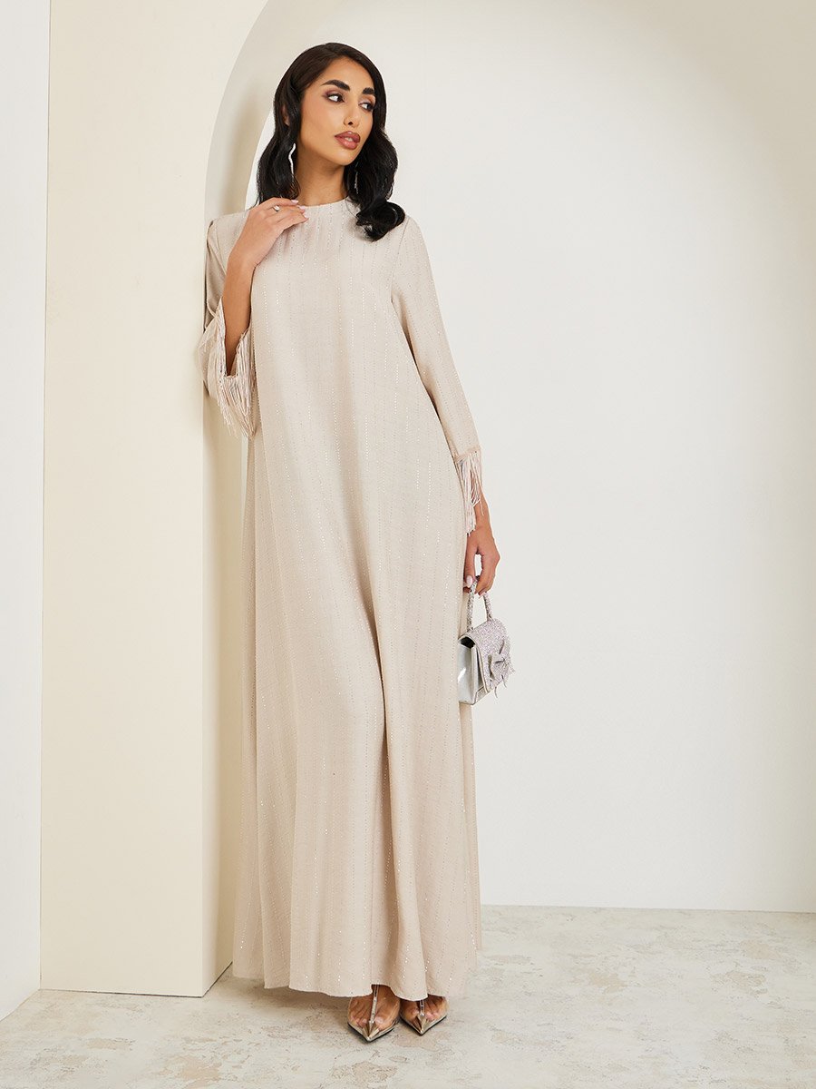 Women Rhinestone Embellished Jalabiya with Tassel Trim