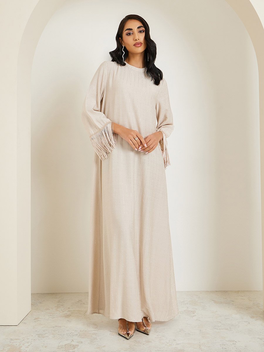 Women Rhinestone Embellished Jalabiya with Tassel Trim