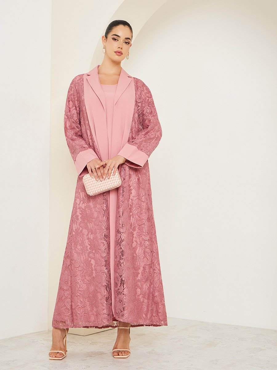 Women Lace Insert Abaya and Dress Modest Set