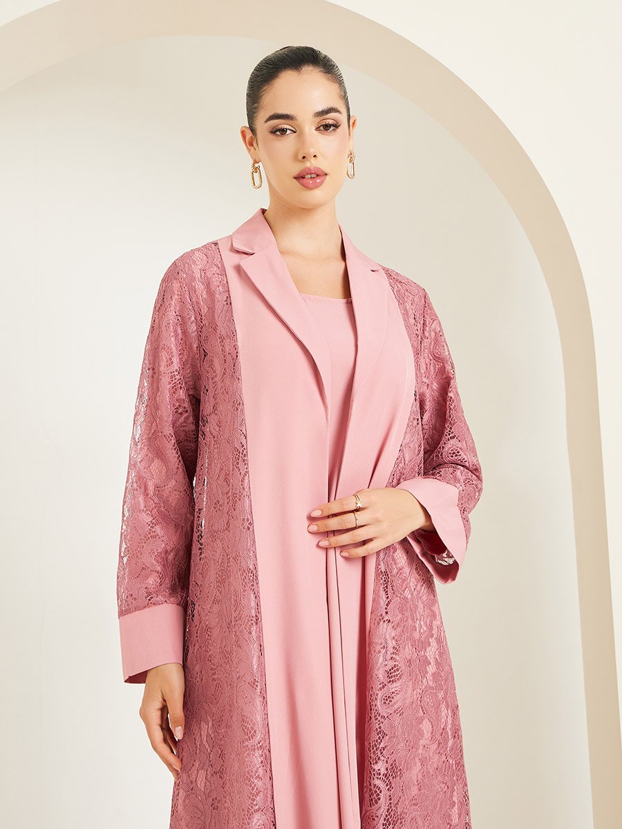 Women Lace Insert Abaya and Dress Modest Set