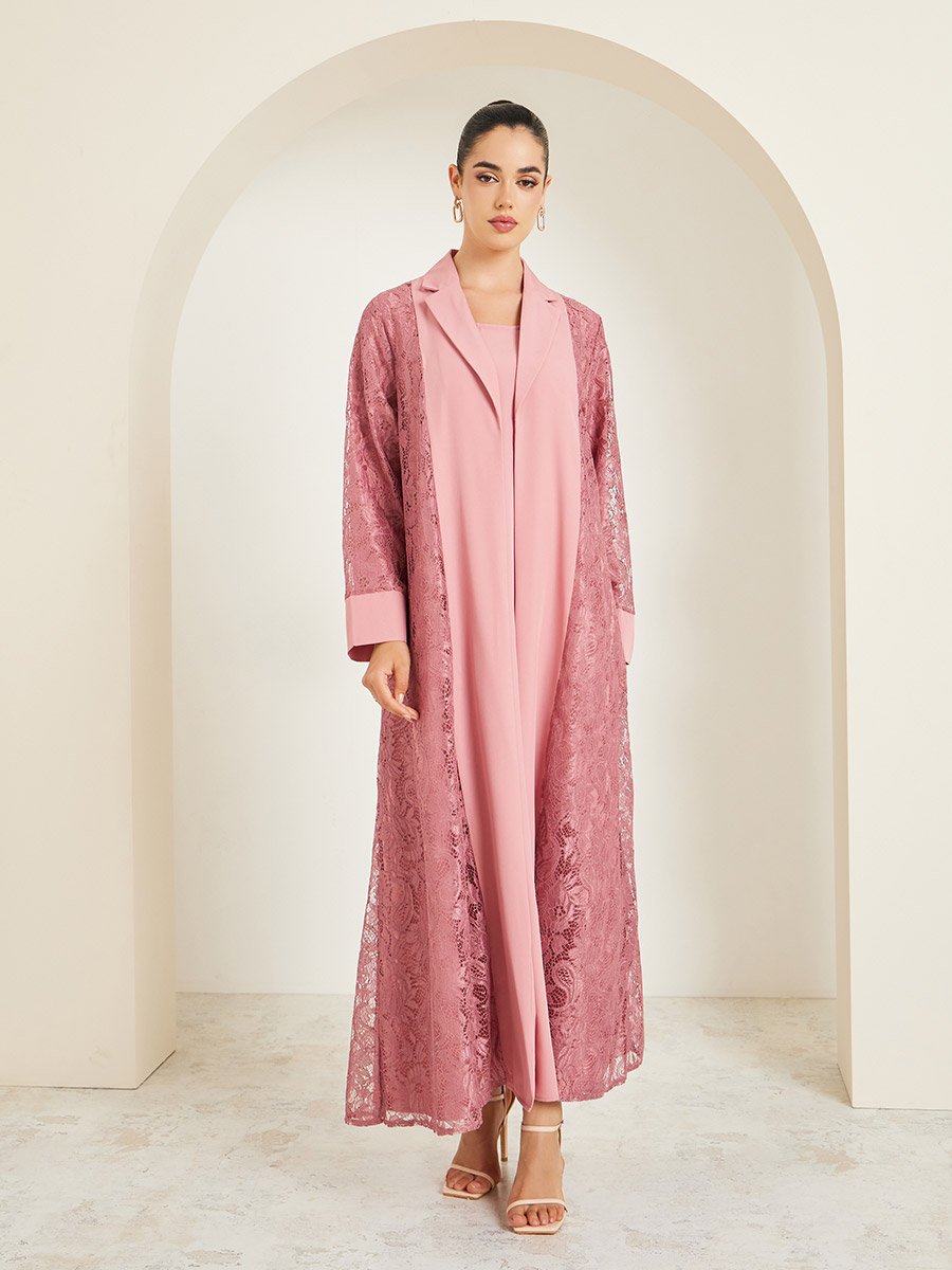 Women Lace Insert Abaya and Dress Modest Set