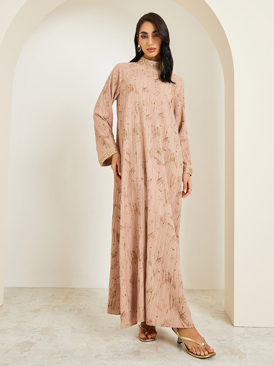Women Beige Embellished Collar Jalabiya