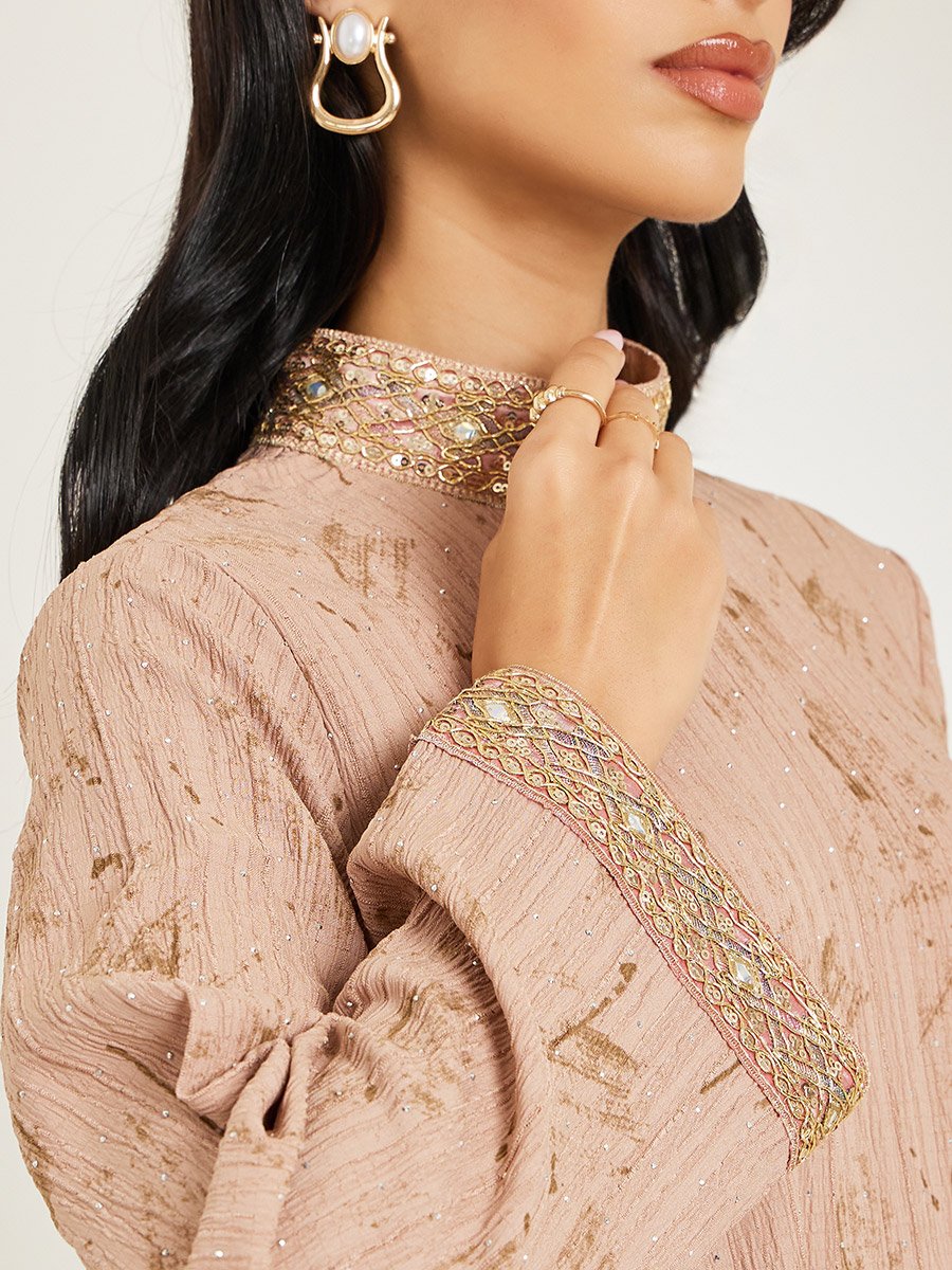 Women Beige Embellished Collar Jalabiya