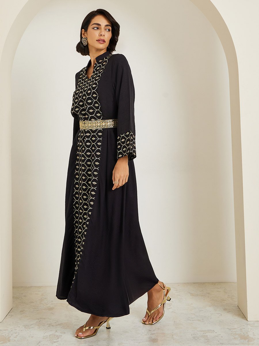 Women Black Embroidered Front Panel Belted Jalabiya
