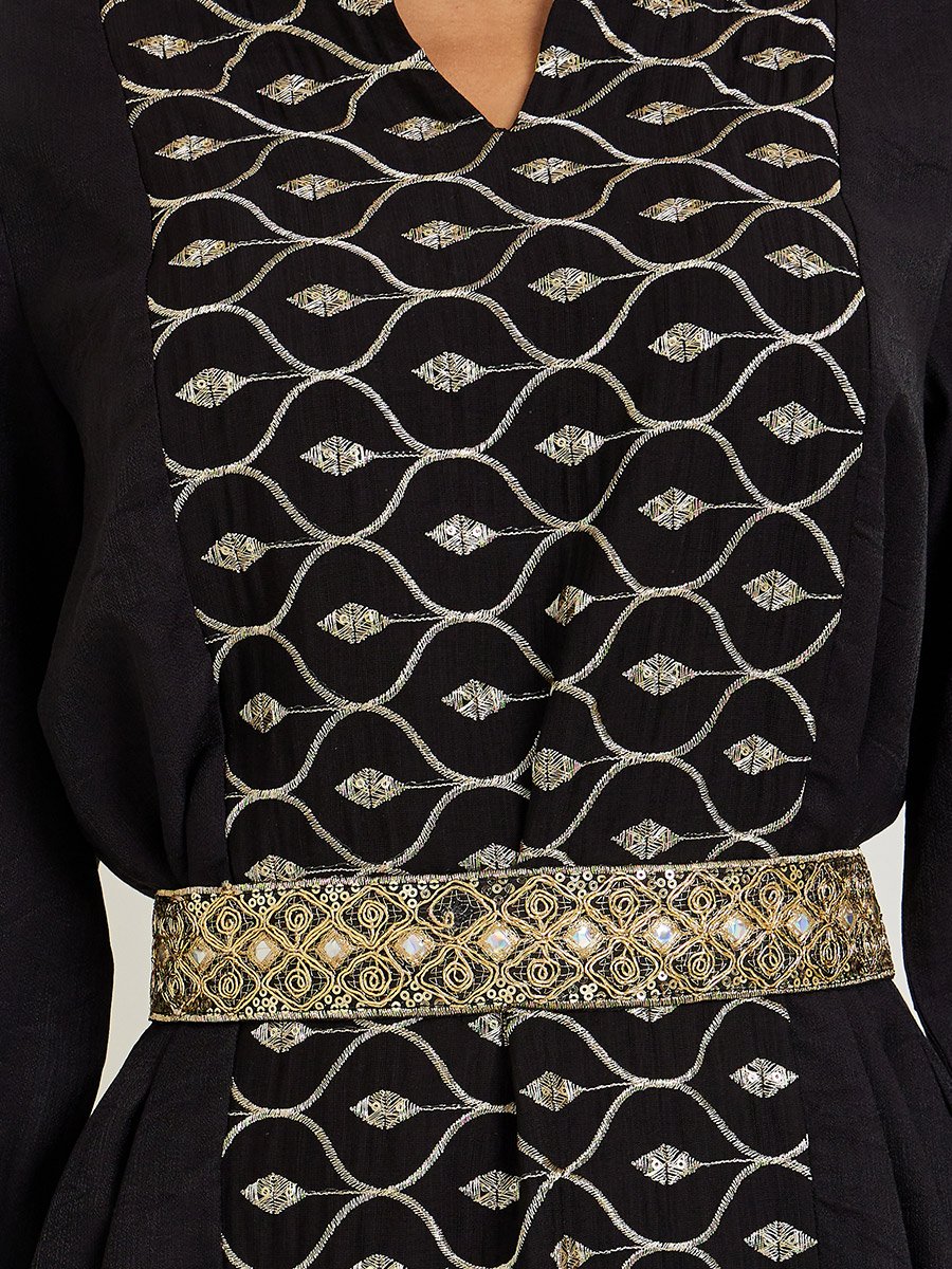 Women Black Embroidered Front Panel Belted Jalabiya