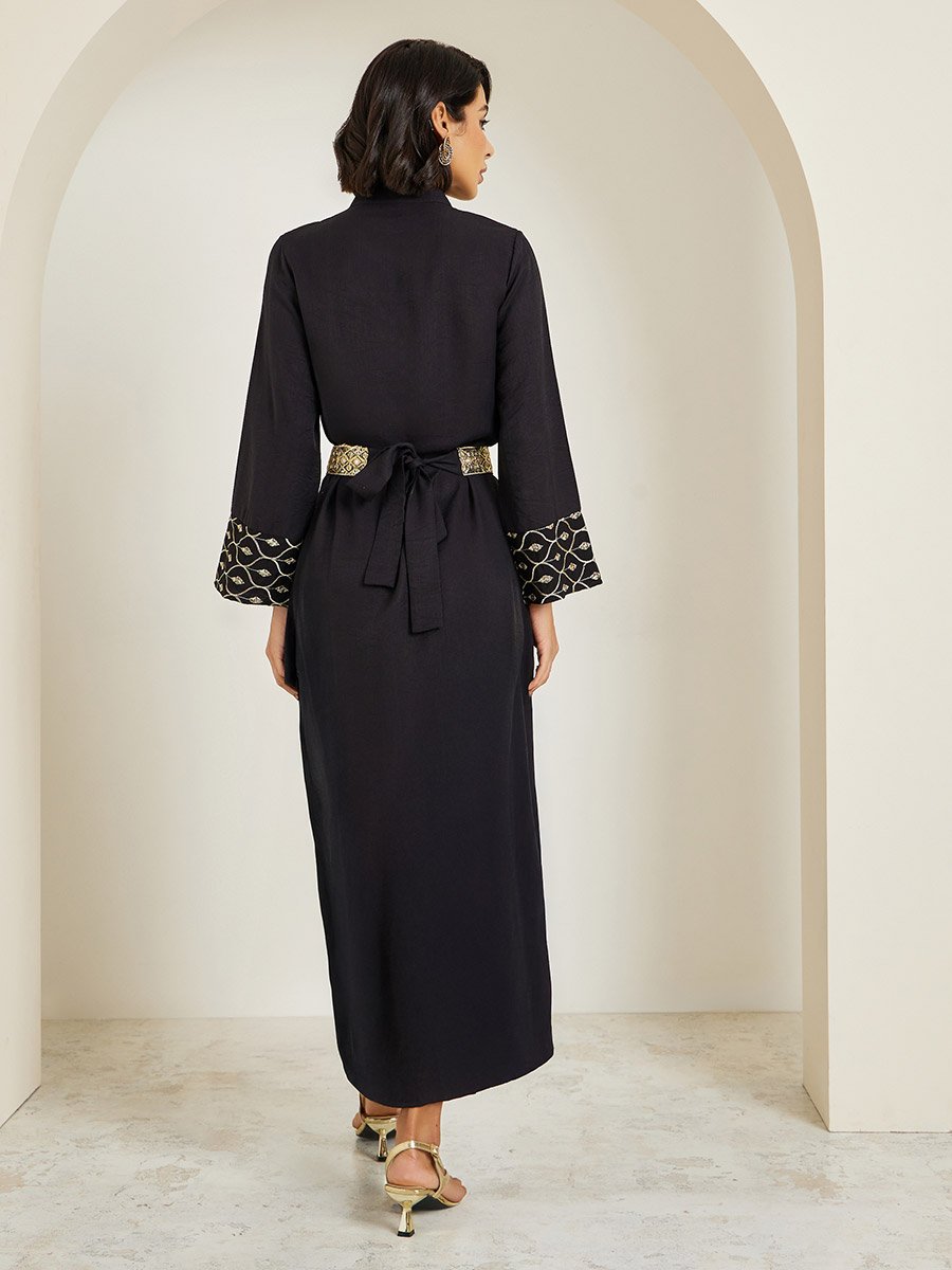 Women Black Embroidered Front Panel Belted Jalabiya
