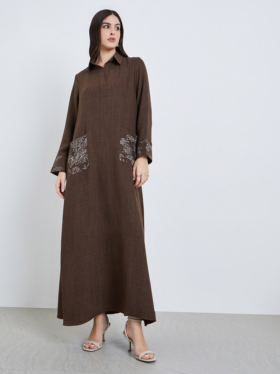 Women Brown Embroidered Collared Jalabiya