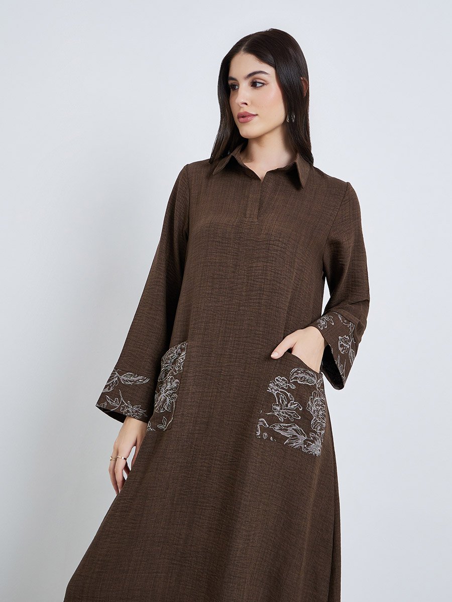 Women Brown Embroidered Collared Jalabiya