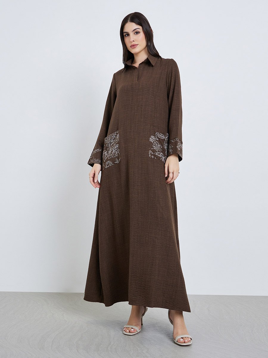 Women Brown Embroidered Collared Jalabiya