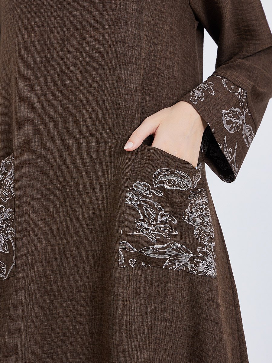 Women Brown Embroidered Collared Jalabiya