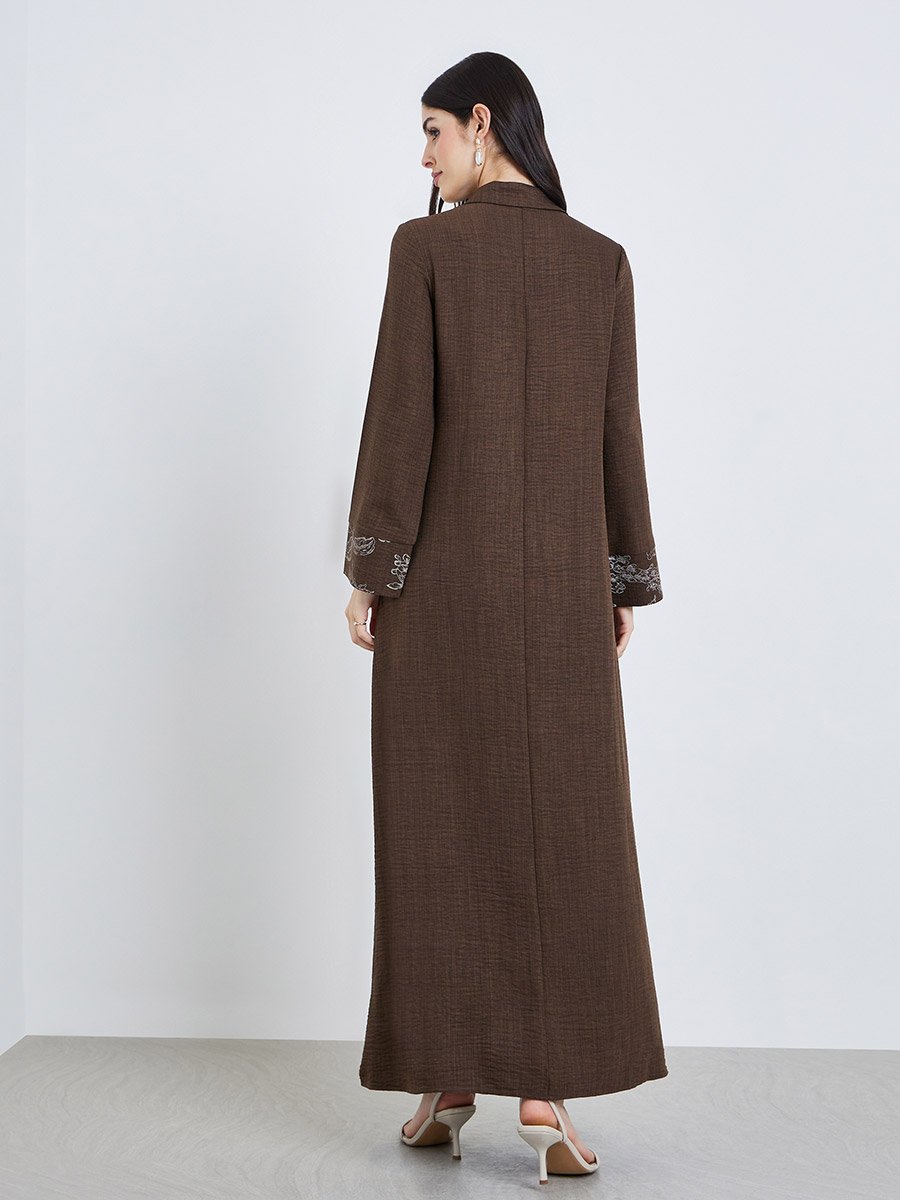Women Brown Embroidered Collared Jalabiya