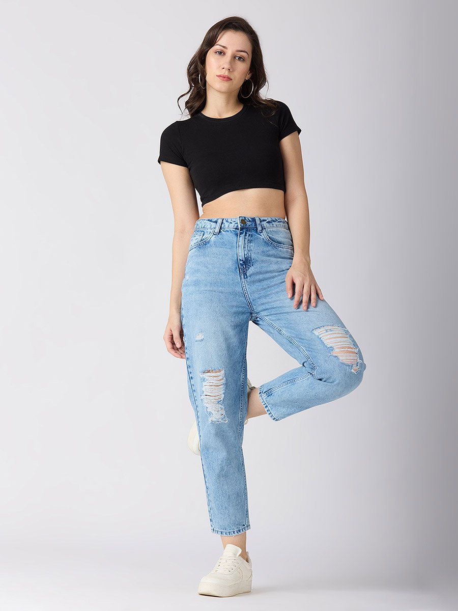 Light Blue Mid-Rise Ripped Jeans