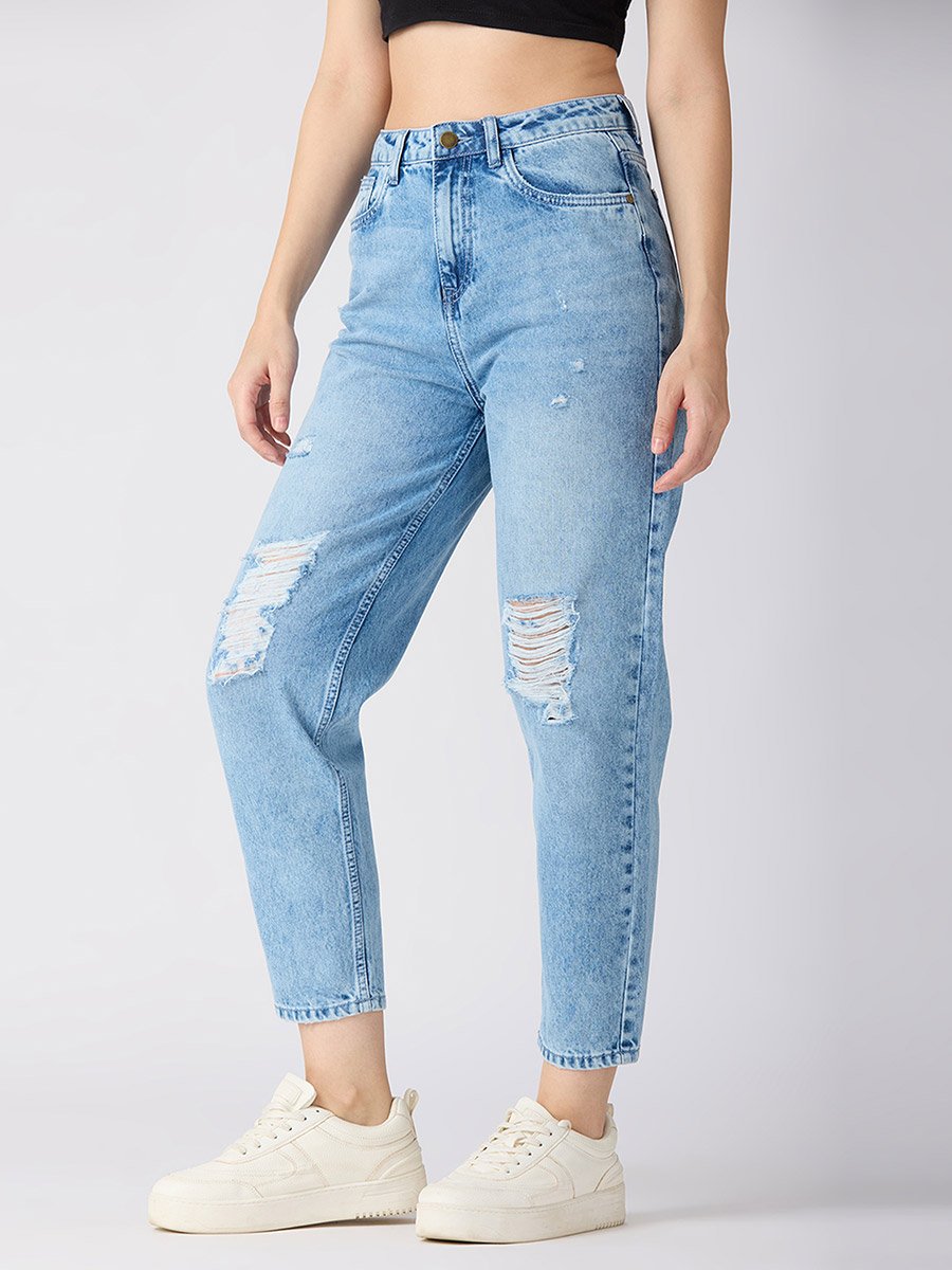 Light Blue Mid-Rise Ripped Jeans