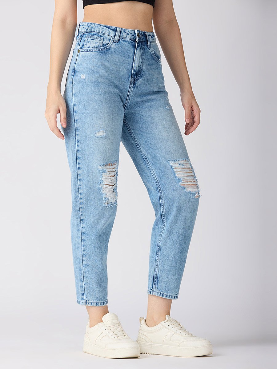 Light Blue Mid-Rise Ripped Jeans